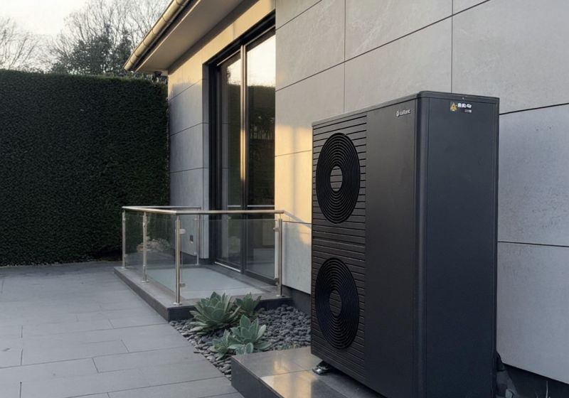 Installierte Wärmepumpen-Außeneinheit an moderner Hausfassade, Wärmepumpe Referenzprojekt von TRIOSUN