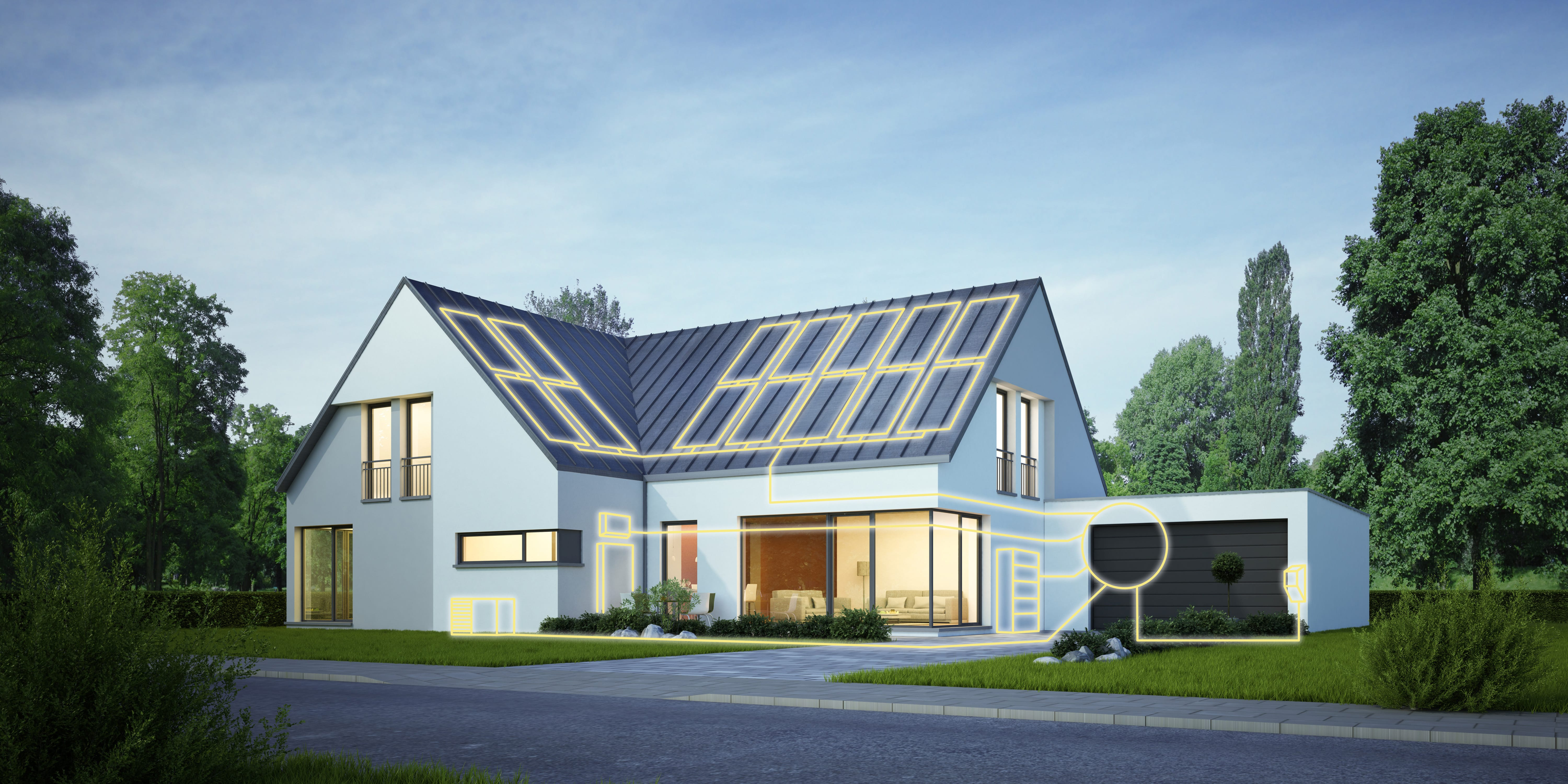 Einfamilienhaus mit Photovoltaikanlage auf Satteldach und Energiespeicher, installiert von TRIOSUN