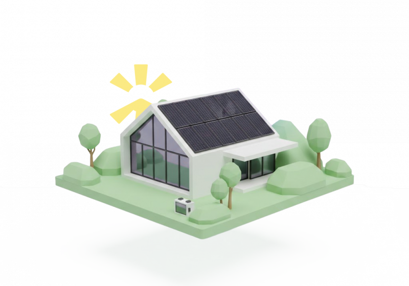 3D-Illustration eines modernen Hauses mit Photovoltaikmodulen auf Satteldach und Batteriespeicher, Photovoltaik Komplettanlage von TRIOSUN