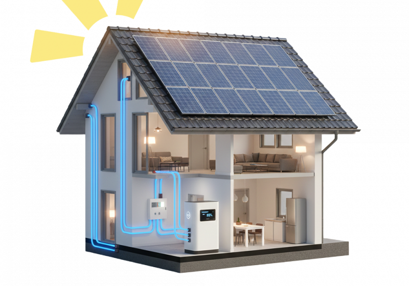 Wärmepumpe im Altbau mit Photovoltaik kombiniert: Haus mit PV-Anlage, Stromspeicher und Wärmepumpe