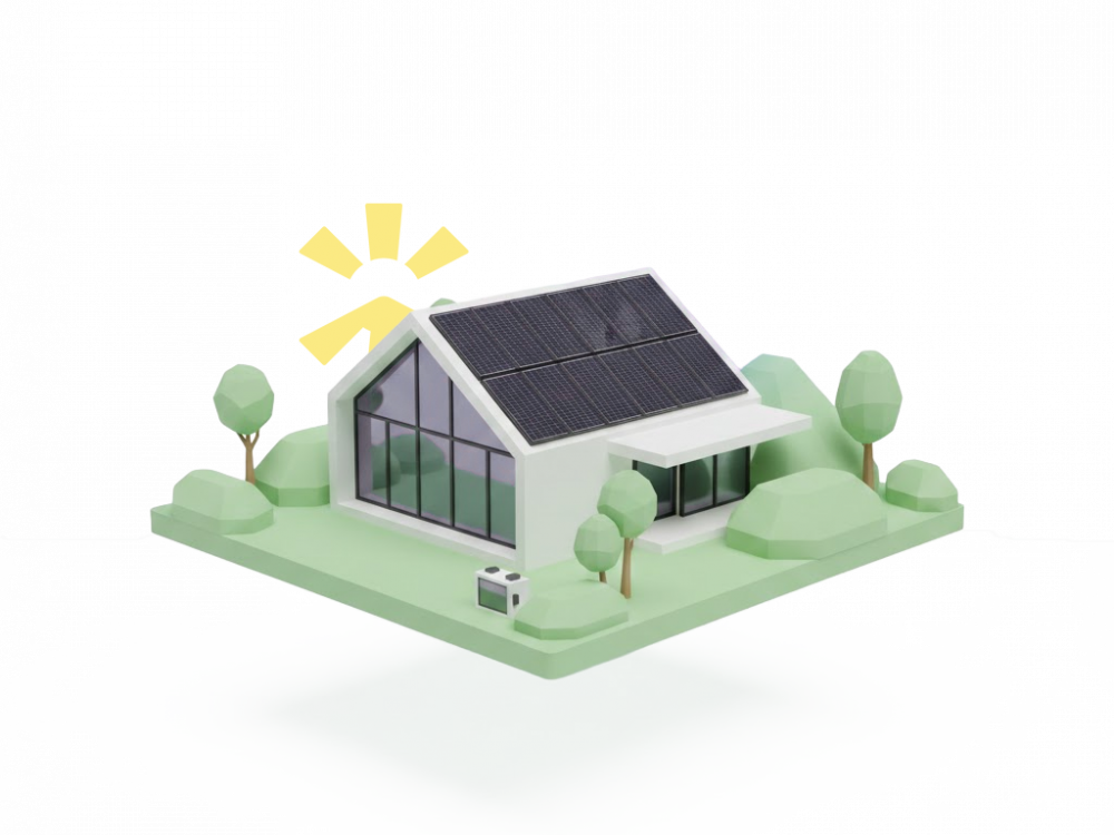 3D-Illustration eines modernen Hauses mit Photovoltaikmodulen auf Satteldach und Batteriespeicher, Photovoltaik Komplettanlage von TRIOSUN